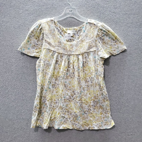 Lucky Brand Women Top Small Yellow Floral Shirt Short Sleeve Round Neck - Picture 1 of 7